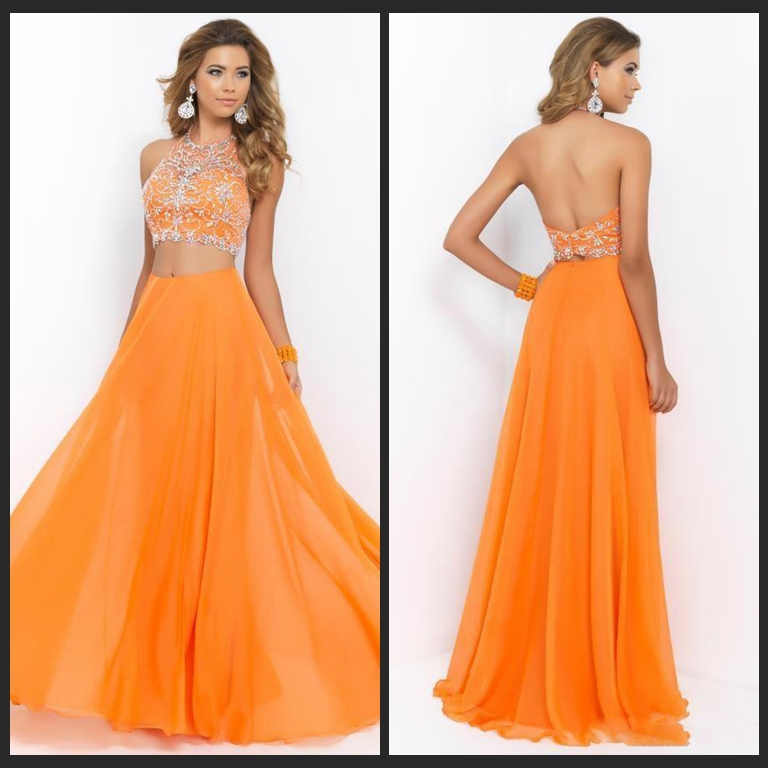 Sexy Halter Neck With Beading Crop Top Two Pieces Chiffon Evening Dresses Prom Dresses Party 4437