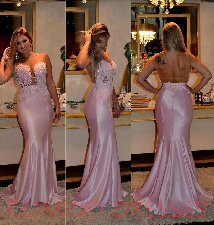 Pink Lace Prom Dress Mermaid Sleeveless 2017 Scoop Neck Backless 2016 Applique Bridesmaids Prom