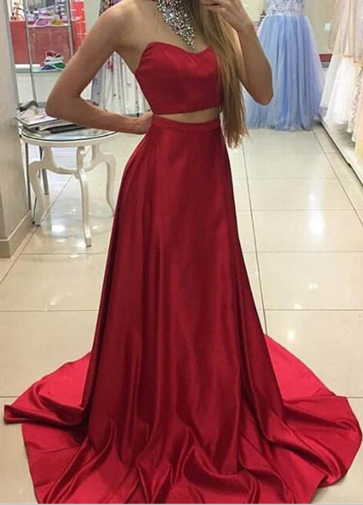 Two Piece Prom Dress Strapless Red Prom Dresses Evening Dress On Luulla