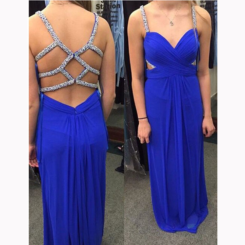 Sexy Royal Blue Chiffon A-line Long Prom Dresses Evening Gowns Maxi
